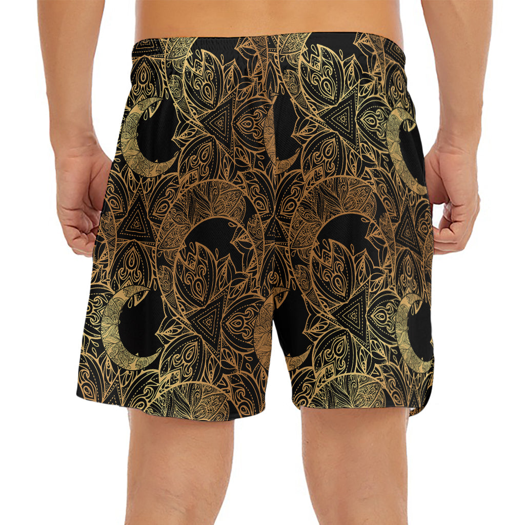 Black And Gold Celestial Pattern Print Men's Split Running Shorts
