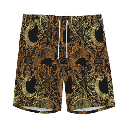 Black And Gold Celestial Pattern Print Men's Sports Shorts