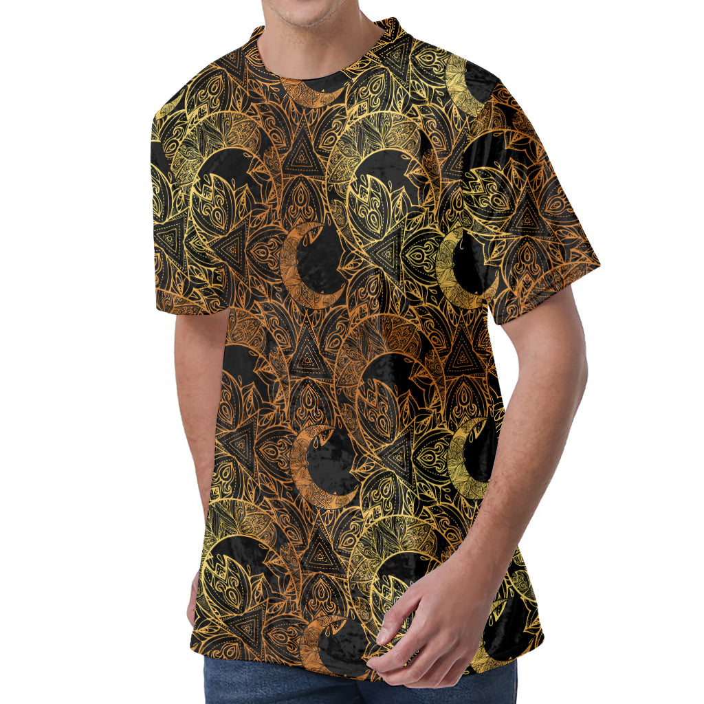 Black And Gold Celestial Pattern Print Men's Velvet T-Shirt