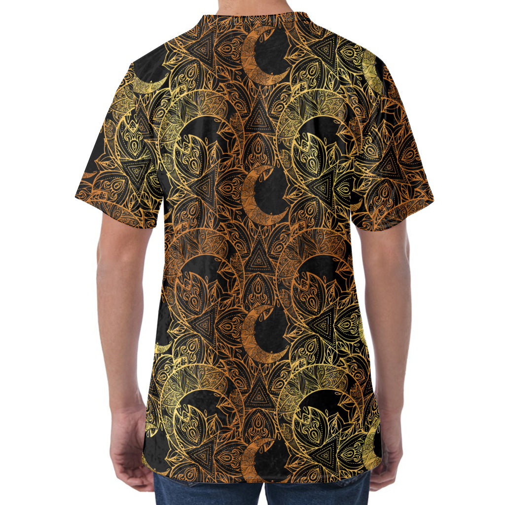 Black And Gold Celestial Pattern Print Men's Velvet T-Shirt