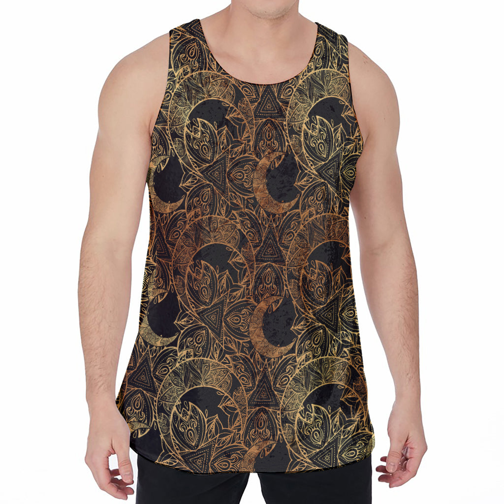 Black And Gold Celestial Pattern Print Men's Velvet Tank Top