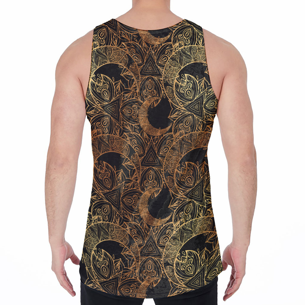 Black And Gold Celestial Pattern Print Men's Velvet Tank Top