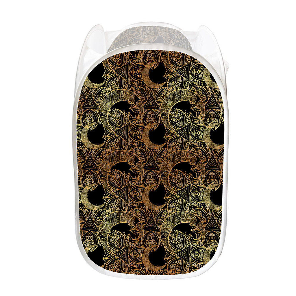 Black And Gold Celestial Pattern Print Mesh Laundry Hamper