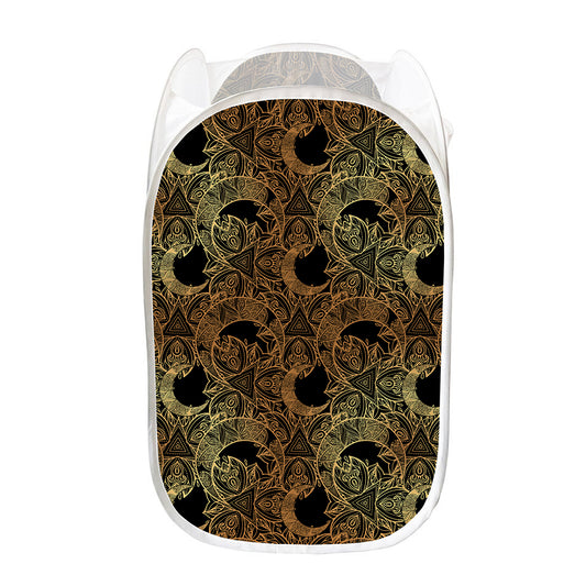Black And Gold Celestial Pattern Print Mesh Laundry Hamper