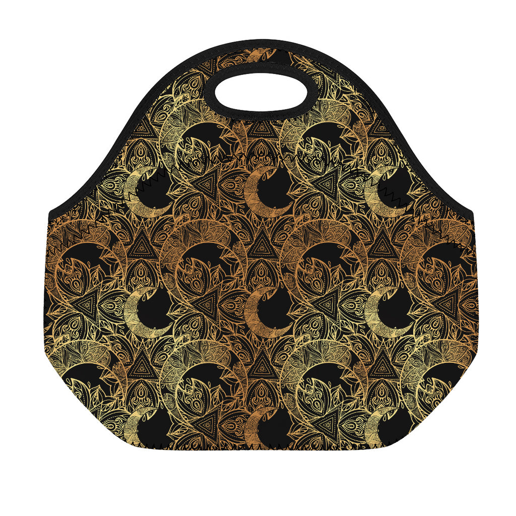 Black And Gold Celestial Pattern Print Neoprene Lunch Bag