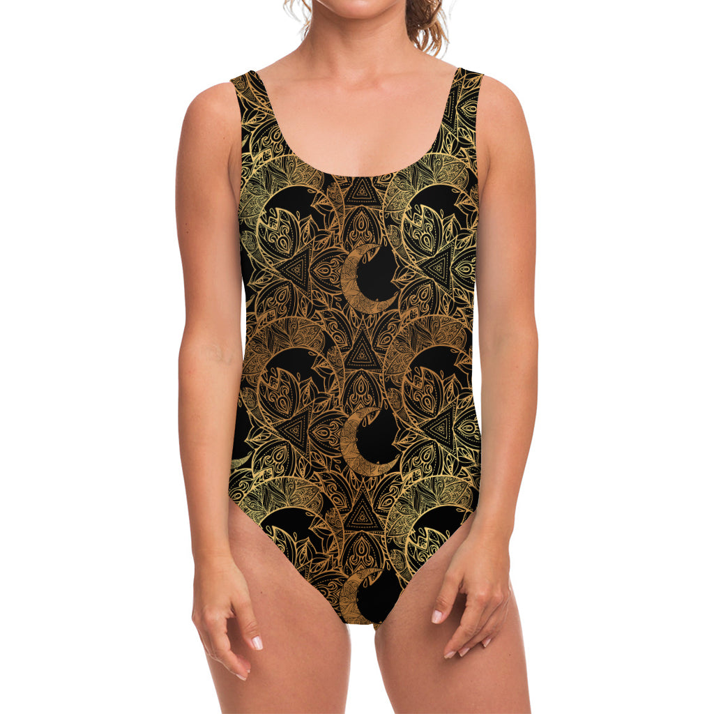 Black And Gold Celestial Pattern Print One Piece Swimsuit