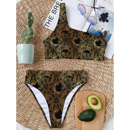 Black And Gold Celestial Pattern Print One Shoulder Bikini Top