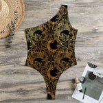 Black And Gold Celestial Pattern Print One Shoulder Bodysuit