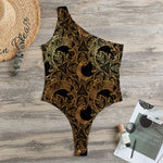 Black And Gold Celestial Pattern Print One Shoulder Bodysuit