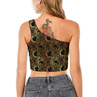 Black And Gold Celestial Pattern Print One Shoulder Crop Top