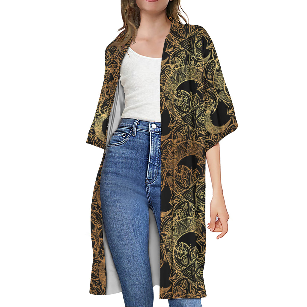 Black And Gold Celestial Pattern Print Open Front Beach Cover Up