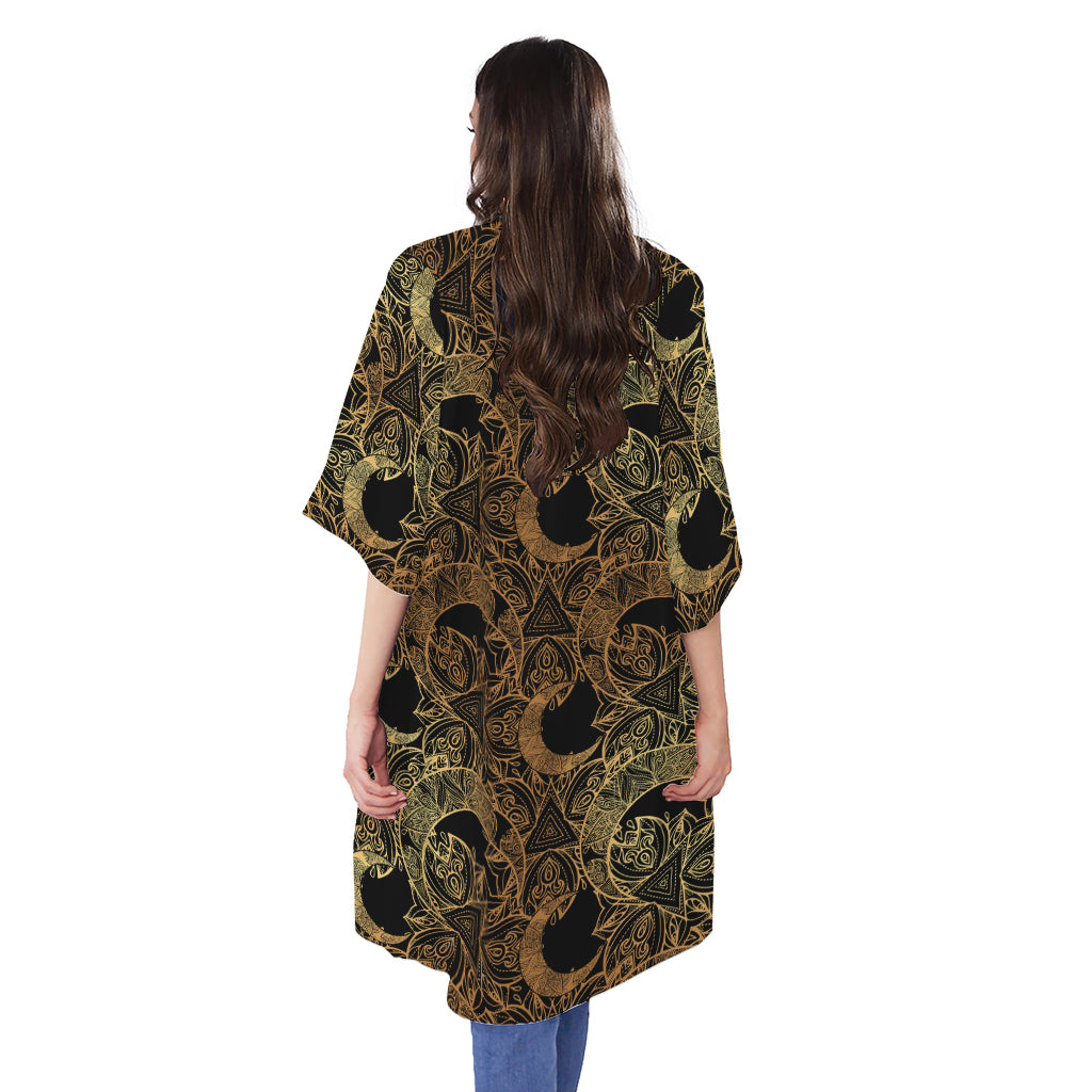 Black And Gold Celestial Pattern Print Open Front Beach Cover Up