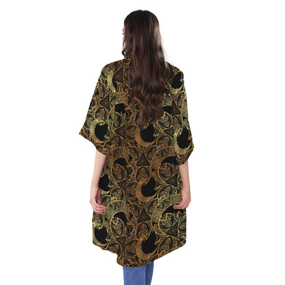 Black And Gold Celestial Pattern Print Open Front Beach Cover Up