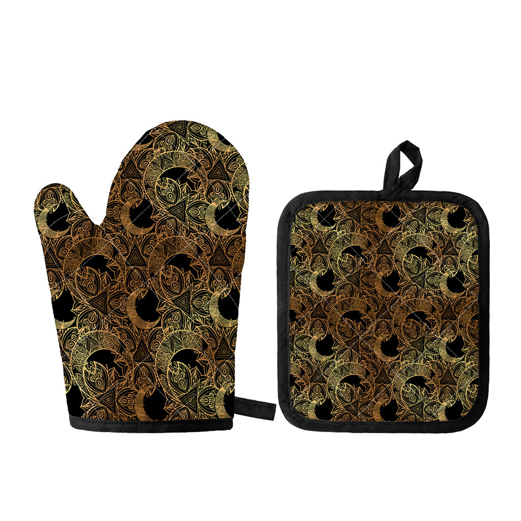 Black And Gold Celestial Pattern Print Oven Mitt And Pot Holder Set