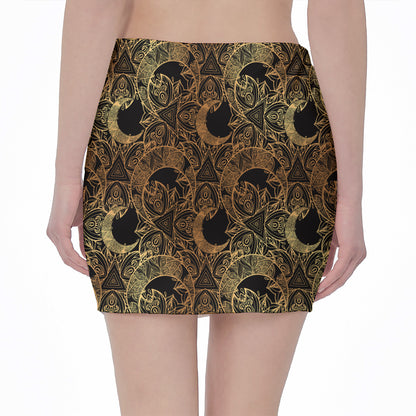 Black And Gold Celestial Pattern Print Pencil Mini Skirt