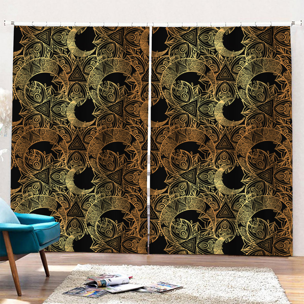 Black And Gold Celestial Pattern Print Pencil Pleat Curtains