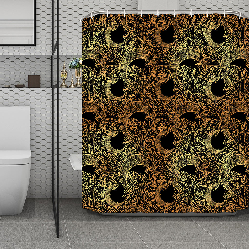 Black And Gold Celestial Pattern Print Polyester Shower Curtain