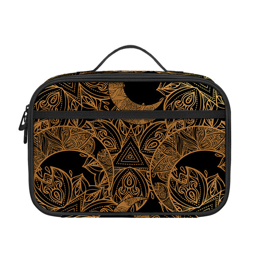 Black And Gold Celestial Pattern Print Portable Lunch Bag