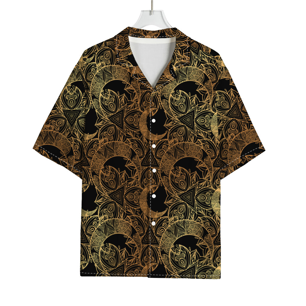 Black And Gold Celestial Pattern Print Rayon Hawaiian Shirt
