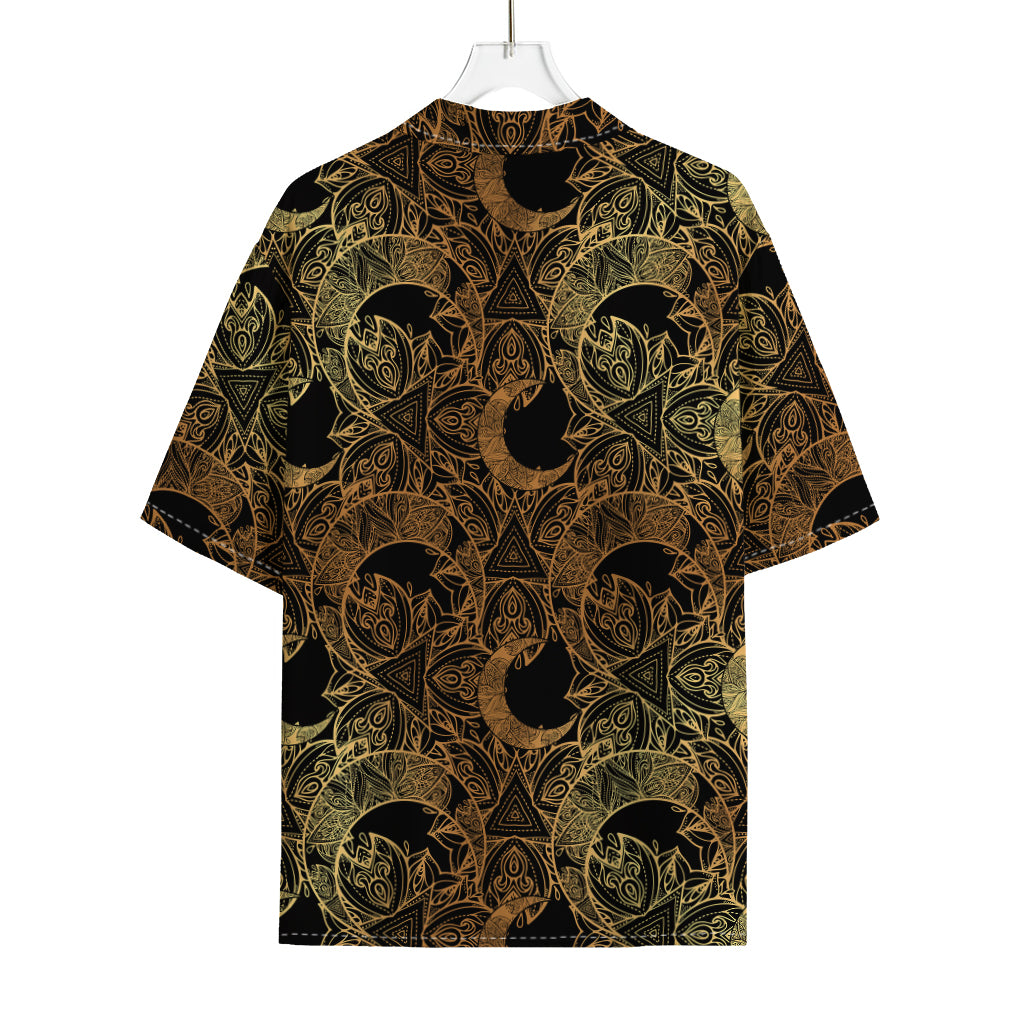 Black And Gold Celestial Pattern Print Rayon Hawaiian Shirt