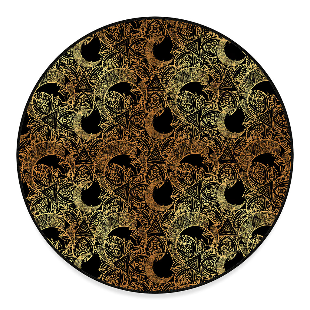 Black And Gold Celestial Pattern Print Round Floor Mat