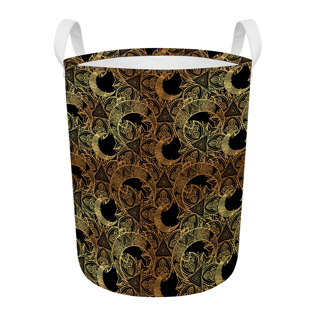 Black And Gold Celestial Pattern Print Round Laundry Basket