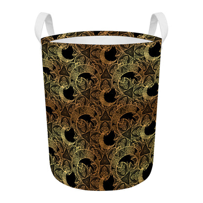 Black And Gold Celestial Pattern Print Round Laundry Basket