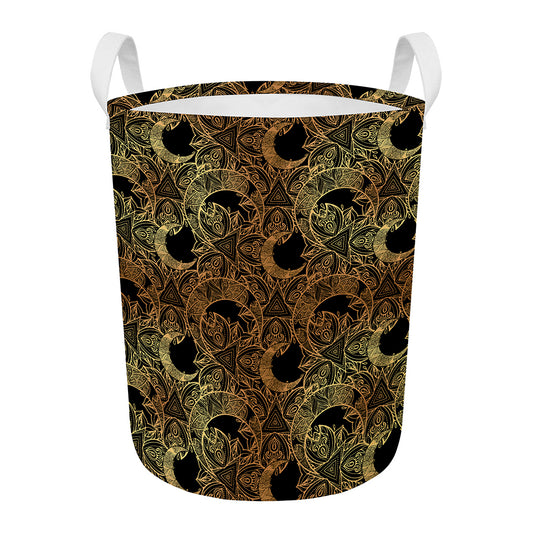 Black And Gold Celestial Pattern Print Round Laundry Basket