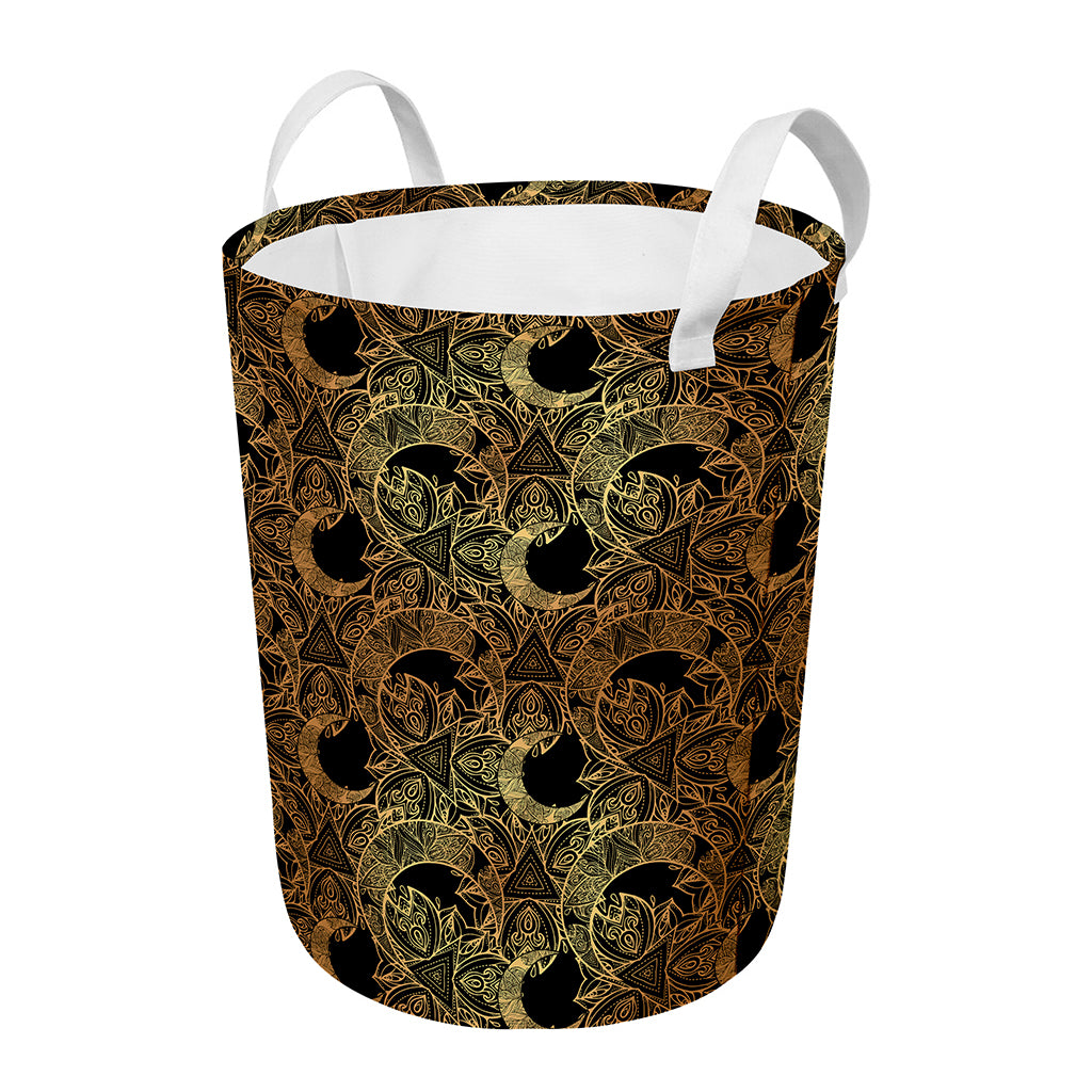 Black And Gold Celestial Pattern Print Round Laundry Basket