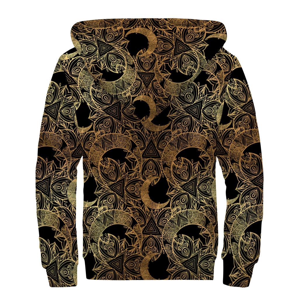 Black And Gold Celestial Pattern Print Sherpa Lined Zip Up Hoodie