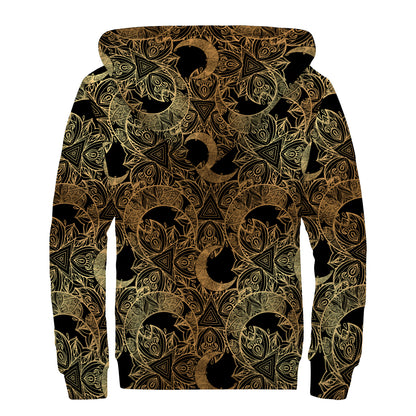Black And Gold Celestial Pattern Print Sherpa Lined Zip Up Hoodie