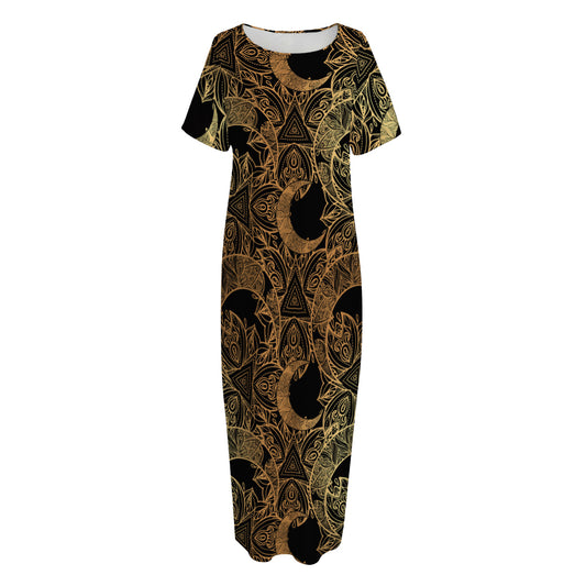 Black And Gold Celestial Pattern Print Short Sleeve Long Nightdress