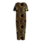 Black And Gold Celestial Pattern Print Short Sleeve Long Nightdress