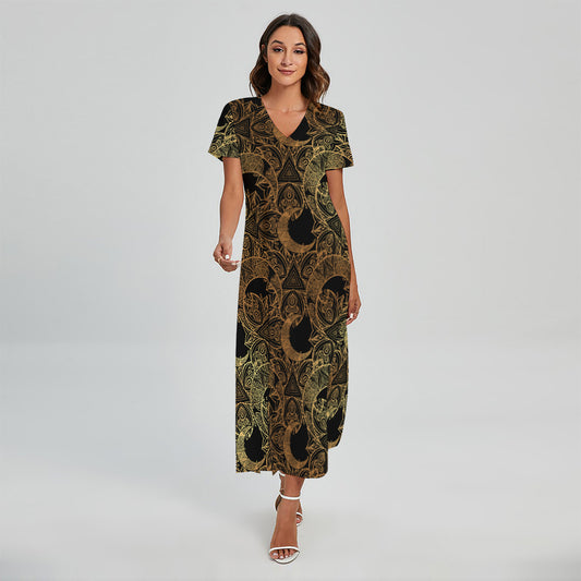 Black And Gold Celestial Pattern Print Short Sleeve Maxi Dress