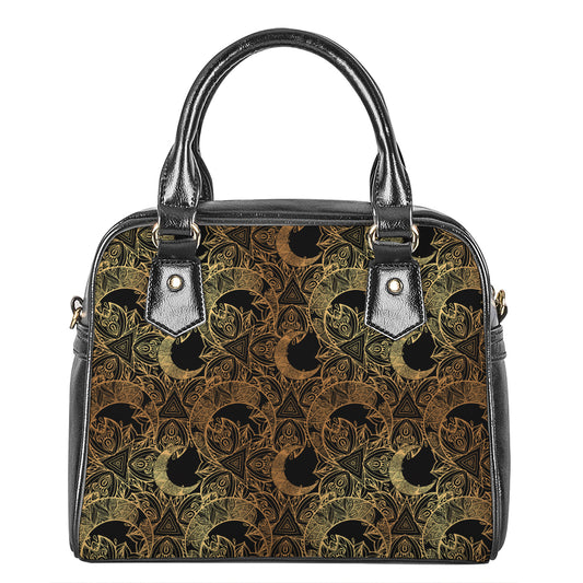 Black And Gold Celestial Pattern Print Shoulder Handbag