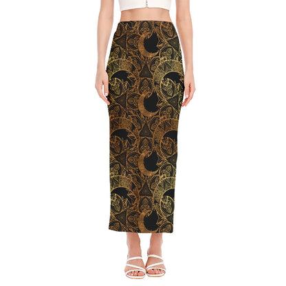 Black And Gold Celestial Pattern Print Side Slit Maxi Skirt