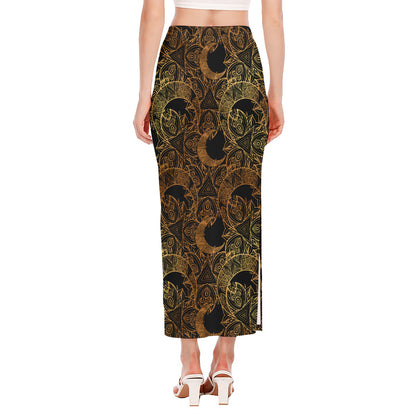 Black And Gold Celestial Pattern Print Side Slit Maxi Skirt