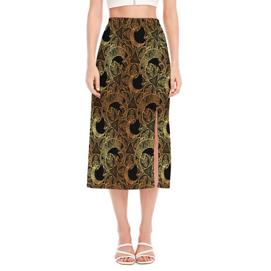 Black And Gold Celestial Pattern Print Side Slit Midi Skirt