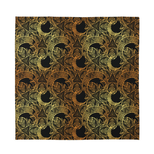Black And Gold Celestial Pattern Print Silk Bandana