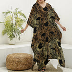 Black And Gold Celestial Pattern Print Silk V-Neck Kaftan Dress