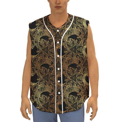 Black And Gold Celestial Pattern Print Sleeveless Baseball Jersey