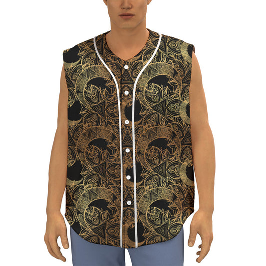 Black And Gold Celestial Pattern Print Sleeveless Baseball Jersey