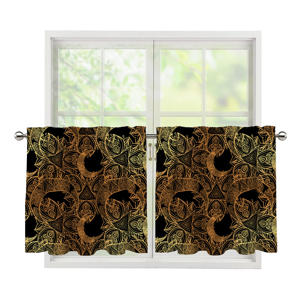 Black And Gold Celestial Pattern Print Tier Curtains