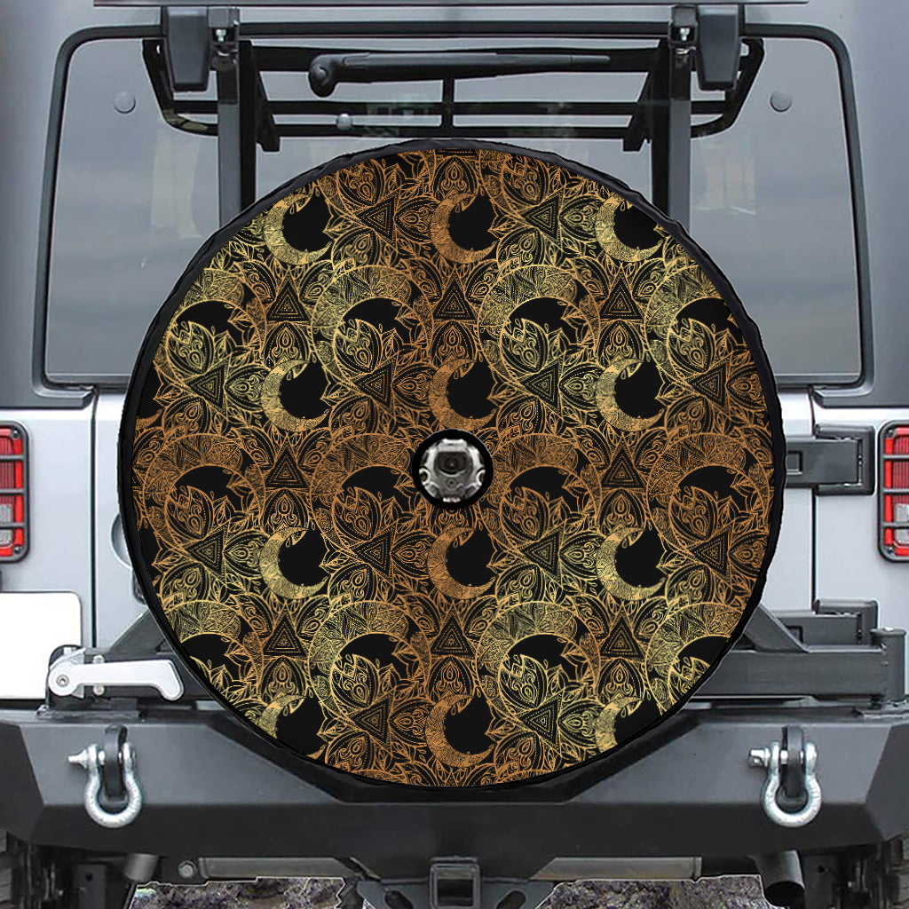 Black And Gold Celestial Pattern Print Tire Cover With Camera Hole