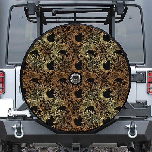 Black And Gold Celestial Pattern Print Tire Cover With Camera Hole