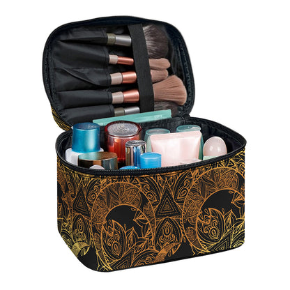 Black And Gold Celestial Pattern Print Travel Makeup Bag