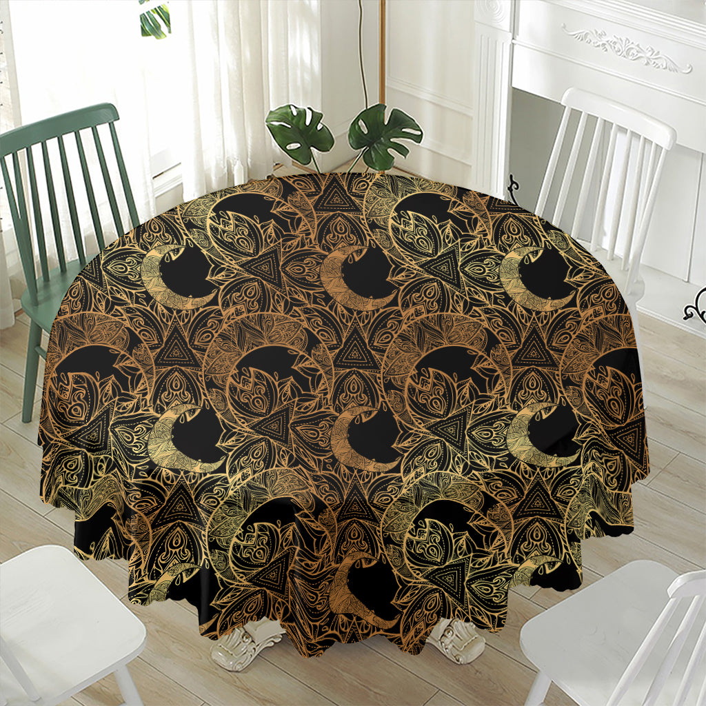Black And Gold Celestial Pattern Print Waterproof Round Tablecloth