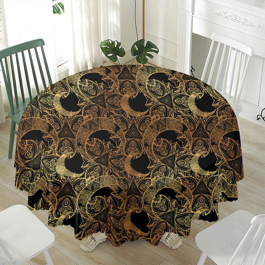 Black And Gold Celestial Pattern Print Waterproof Round Tablecloth