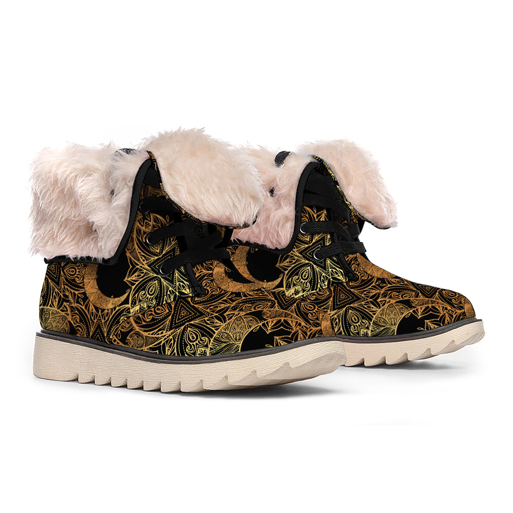 Black And Gold Celestial Pattern Print Winter Boots