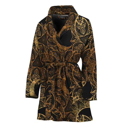 Black And Gold Celestial Pattern Print Women's Bathrobe